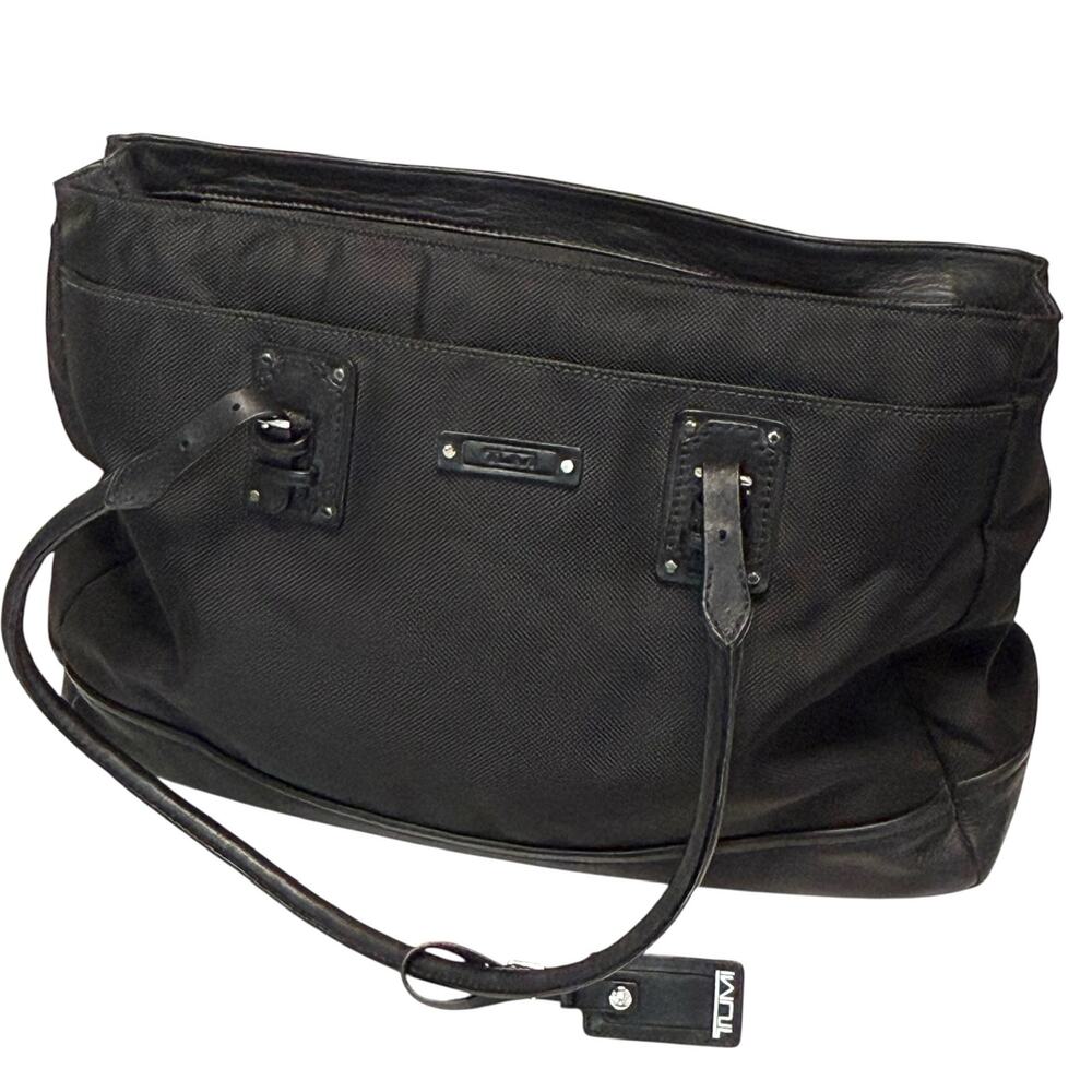 Tumi Laptop Travel Tote w/ Adjustable Straps in Black - Canvas w/ Leather Trim